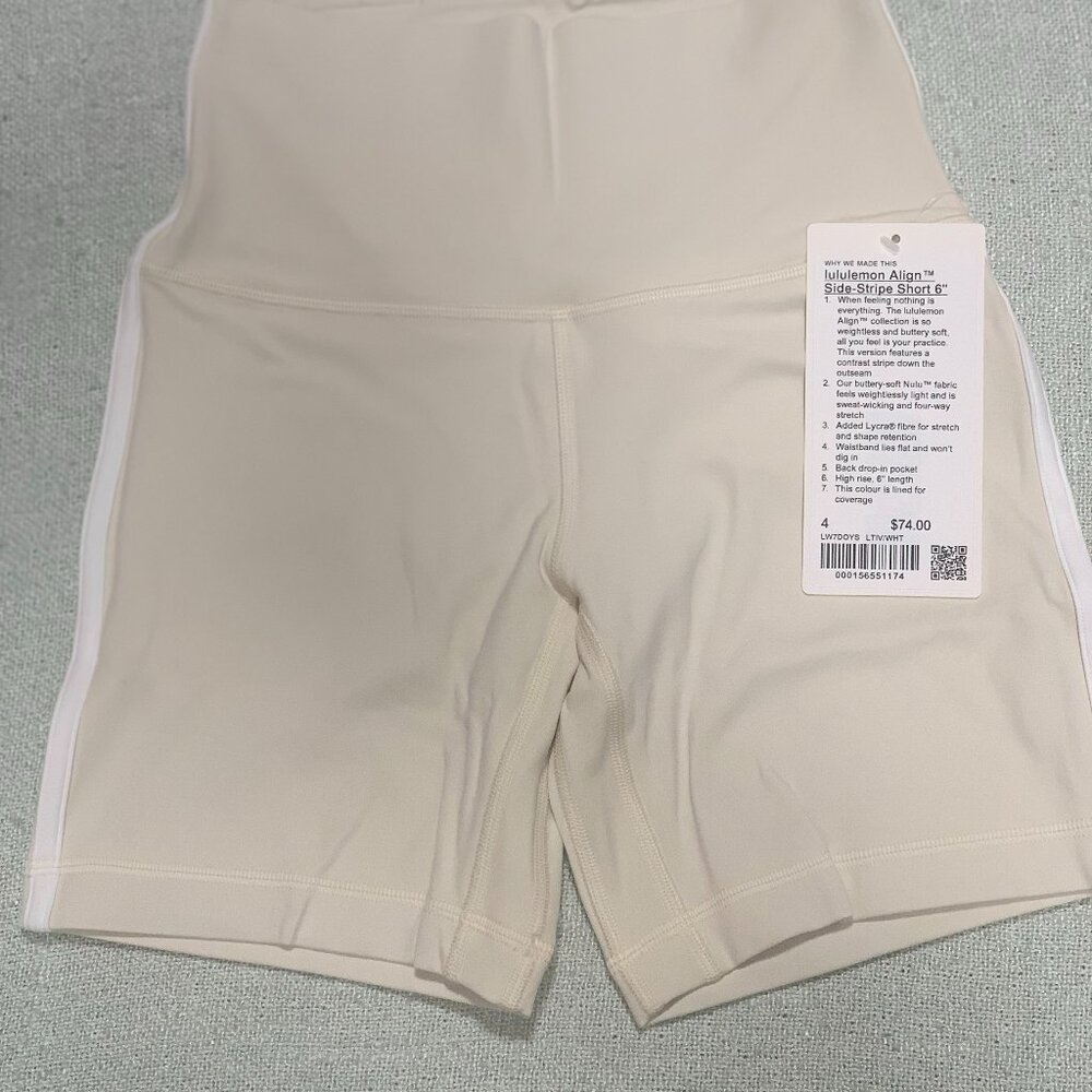lululemon NWT Alig HR Side-Stripe Short 6" Light Ivory/White size 4